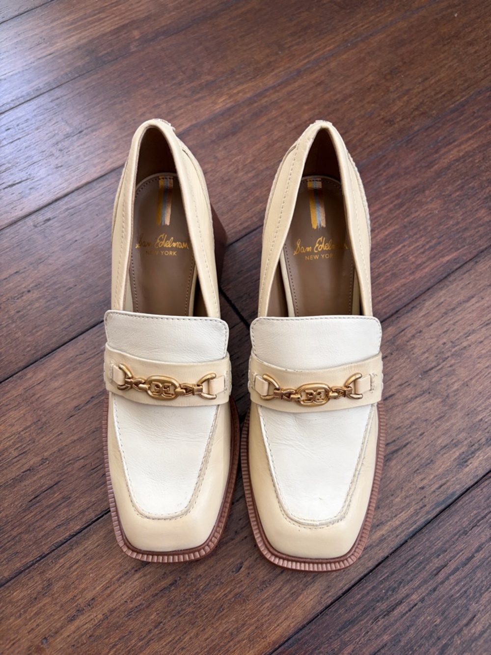 Sam Edelman Cream and Beige Leather Chain-Trim Loafers